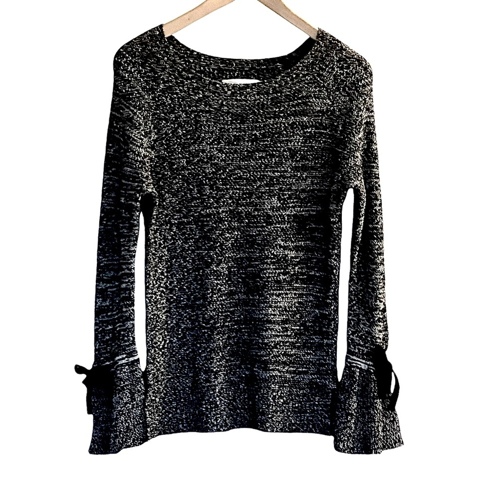 LOFT Cotton Sweater W/ Long Bell Sleeves & Bowes  Size XS Black & White Knit